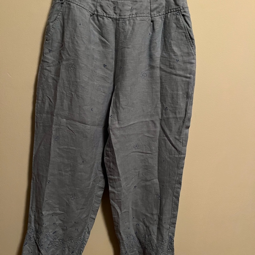 Women's blue embroidered Straight Leg Pants linen